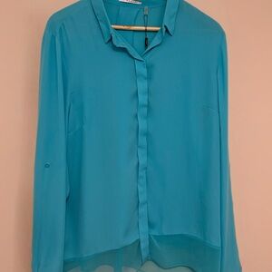 NWT T Tahari Andi Blouse - Bright Blue "Splash" - Opaque and Sheer - Size XL
